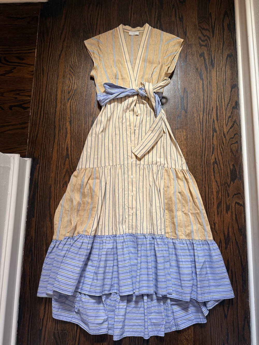 Sandro Striped Maxi Dress in Yellow and Light Blue linen and cotton